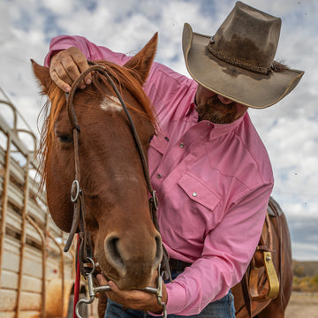 man wearing pink shirt with horse