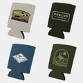 Four neoprene drink koozies with outdoors-themed Poncho Outdoors logos on a plain background