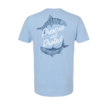 Light blue shirt featuring two illustrated fish and the words Preserve and Protect