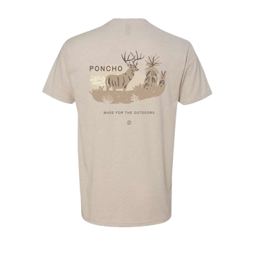 Back view of The Big Buck T-Shirt featuring outdoors-themed deer graphic and Poncho Outdoors branding