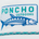 Embroidered logo with a blue fish and text "PONCHO OUTDOORS" on white fabric above a braided blue and green cord.