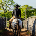 man lonesome on horseback wearing a striking black western button down - view is from the back