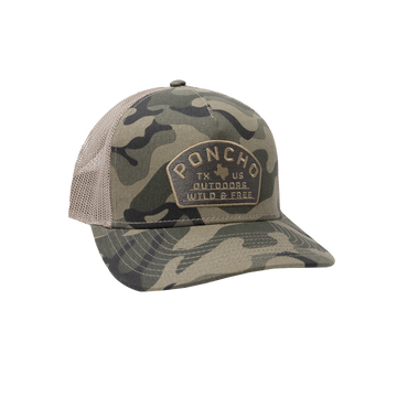 product photo camo wild and free trucker hat front