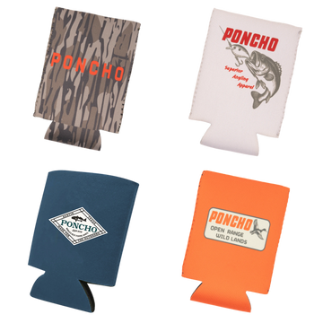 Set of four colorful Coozie drink holders with fishing and outdoor-themed graphics in various patterns and colors