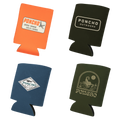 Coozie four colorful beverage can coolers featuring Poncho Outdoors logos and graphic designs