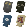 Coozie four branded can coolers in charcoal, olive, navy, and tan with Poncho Outdoors graphics