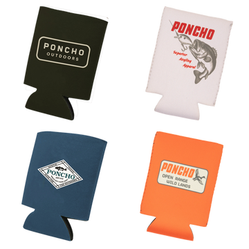 Set of four colorful Coozie drink holders with fishing and outdoors-themed logos and text designs