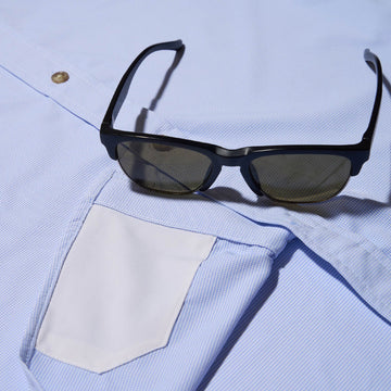 short sleeve blue micro plaid sunglass cleaner