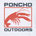 Logo with a stylized red lobster inside a square frame, with the words "PONCHO OUTDOORS" above and below in bold gray letters.