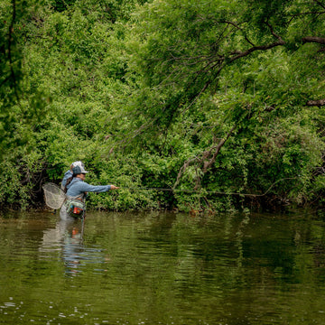 Person wading through a wooded stream while fly fishing with a net nearby