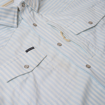 Closeup of blue stripes and chest pockets