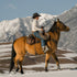 man riding horse with mountains in background