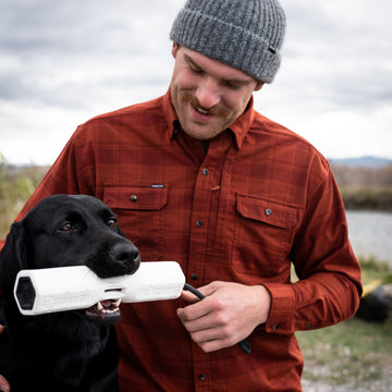 man training dog in red plaid flannel