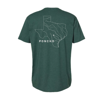 Back view of The Deep In The Heart T-Shirt in green with a white outline map of Texas and the word Poncho.
