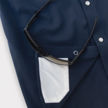 closeup of navy shirt lens cleaner