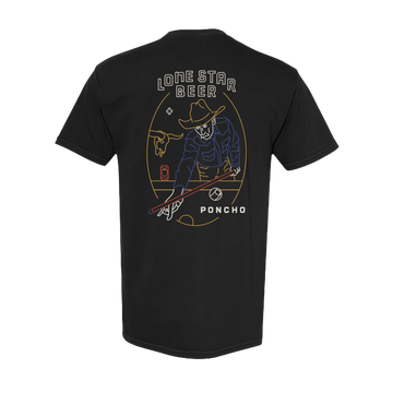 The Dive T-Shirt featuring a neon-style illustration of a cowboy playing pool with Lone Star Beer branding on the back.