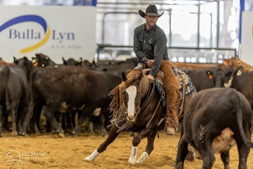 Cowboy in a black hat rides a horse through cattle in a western indoor arena