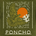 Graphic design of a bird in flight against an orange sun with white accents and the text Poncho made for the outdoors.