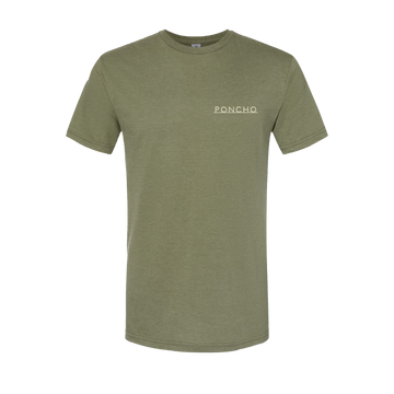 The Dove Up T-Shirt in olive green with a minimalist Poncho logo on the chest