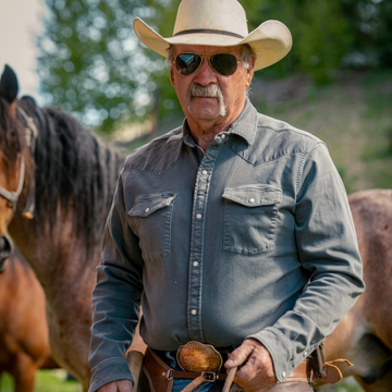 man wearing cowboy hat and the falfurrias shirt