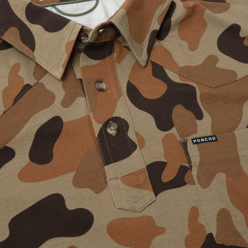 buttons and collar of camo polo shirt