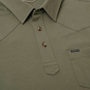 buttons and collar of green polo shirt