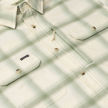 detail photo of green and white plaid flannel