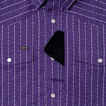 purple shirt with phone in zipper pocket