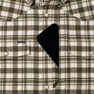 Phone in chest zipper pocket of shirt