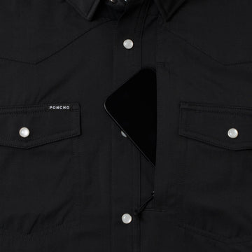 Photo of black shirt with phone in zipper pocket