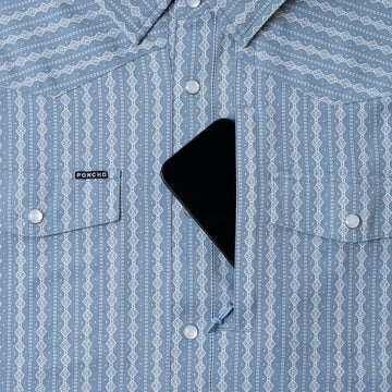 phone in chest zipper pocket of shirt