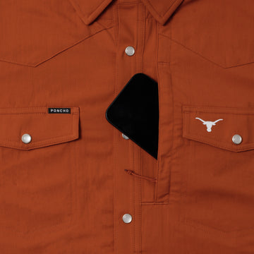 phone in chest zipper pocket of shirt