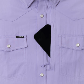 light purple shirt with phone in zipper pocket