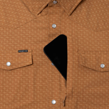 phone in chest zipper pocket of shirt