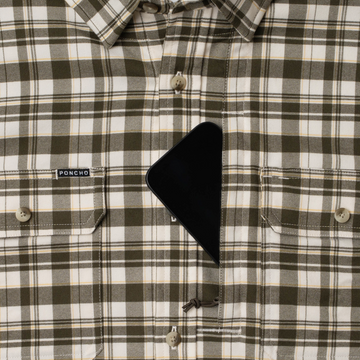 phone in chest zipper pocket of shirt