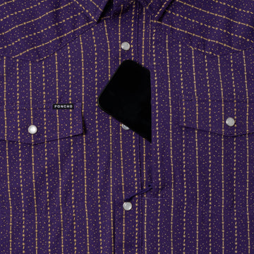 purple shirt with phone in zipper pocker