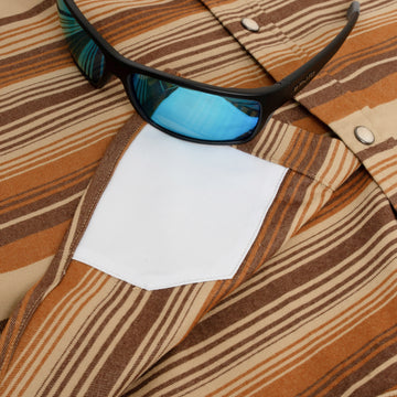 sunglasses with lens cleaner on shirt