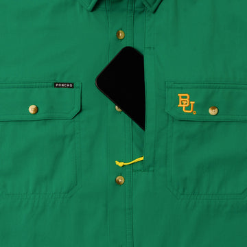 phone in chest zipper pocker of green baylor shirt