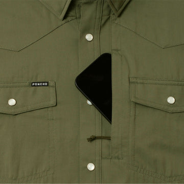 phone in chest zipper pocket of shirt