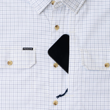 phone in chest zipper pocket of shirt