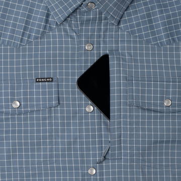 phone in chest zipper pocket of shirt