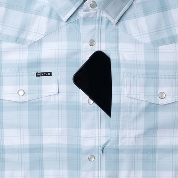 phone in chest zipper pocket of shirt