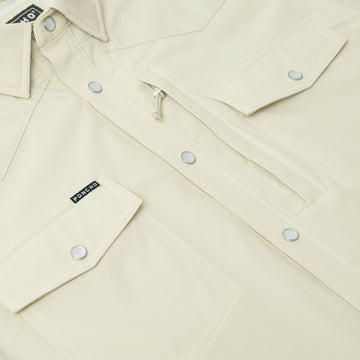 detail photo of tan tuff-thread shirt