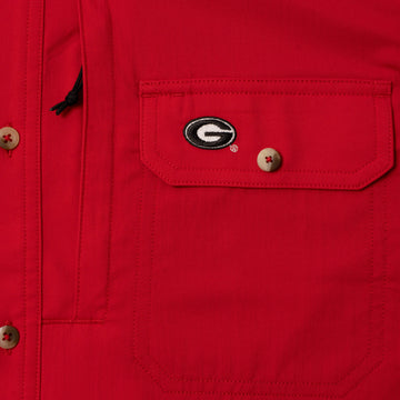 Closeup of Georgia logo on pocket of shirt