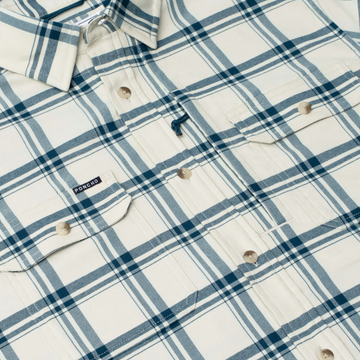 detail photo of off-white blue plaid flannel