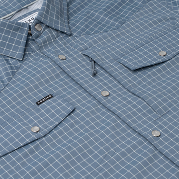 detail photo of slate blue check shirt