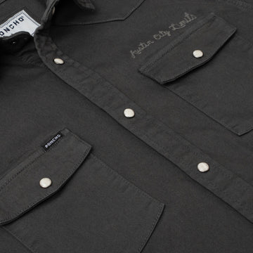 Flyover photo of The After Dark shirt with Austin City Limits Script above chest pocket