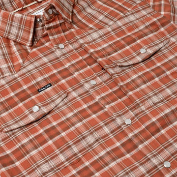 flyover photo of red white and brown plaid flannel