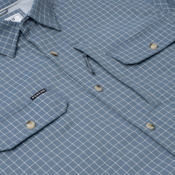 detail shot of slate blue check shirt