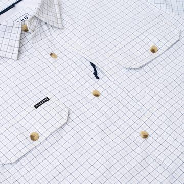 detail photo of double blue check shirt